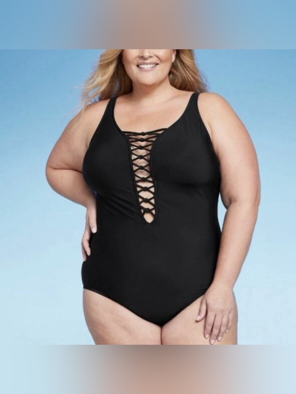 Aqua Green Black One-Piece Swimsuit with Lace-Up Plunge